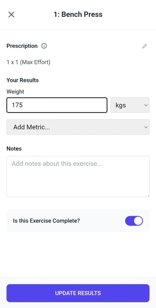 Bench press result sheet with weight, notes, completion toggle, and update results.