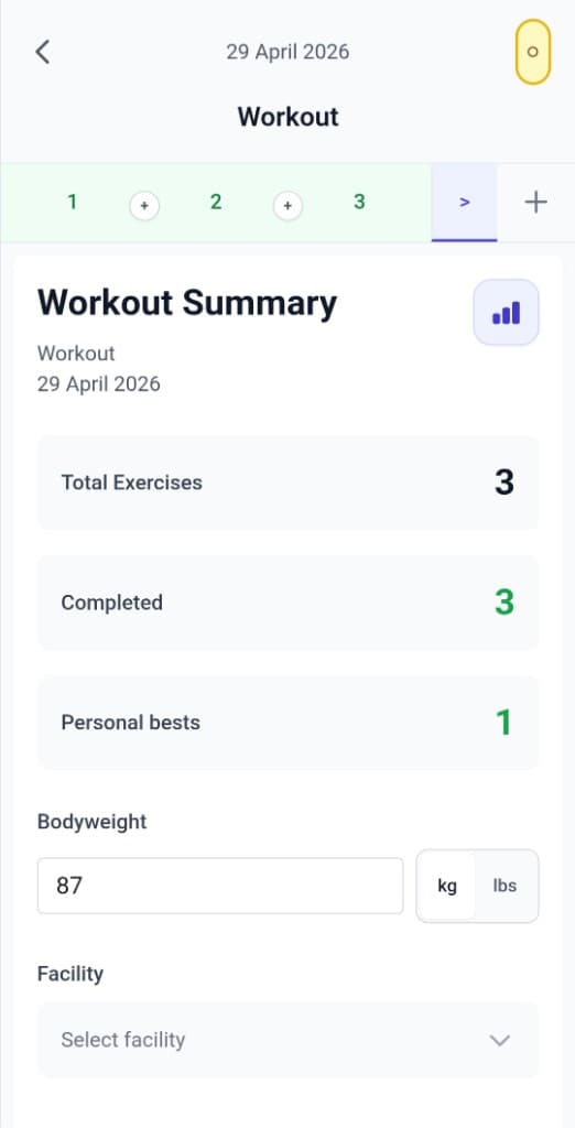 Workout summary showing total exercises, completed count, and bodyweight.